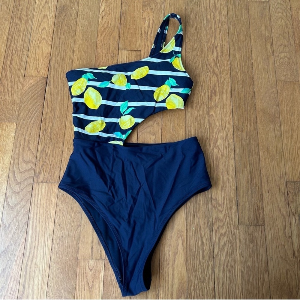 Navy Lemon Print One-Shoulder Swimsuit aerie -Large